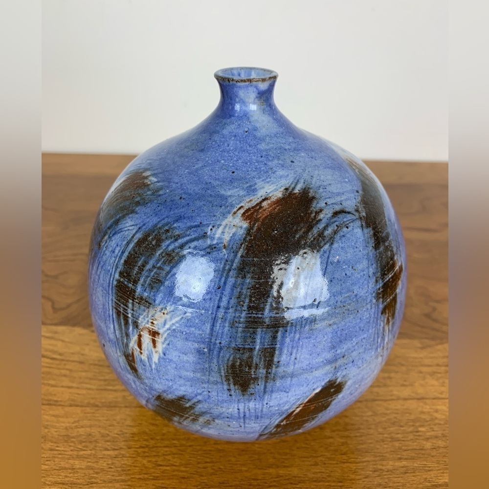 Signed Studio Pottery Round Vase Squat Blue Brown Glaze Helen Gagnon Vintage